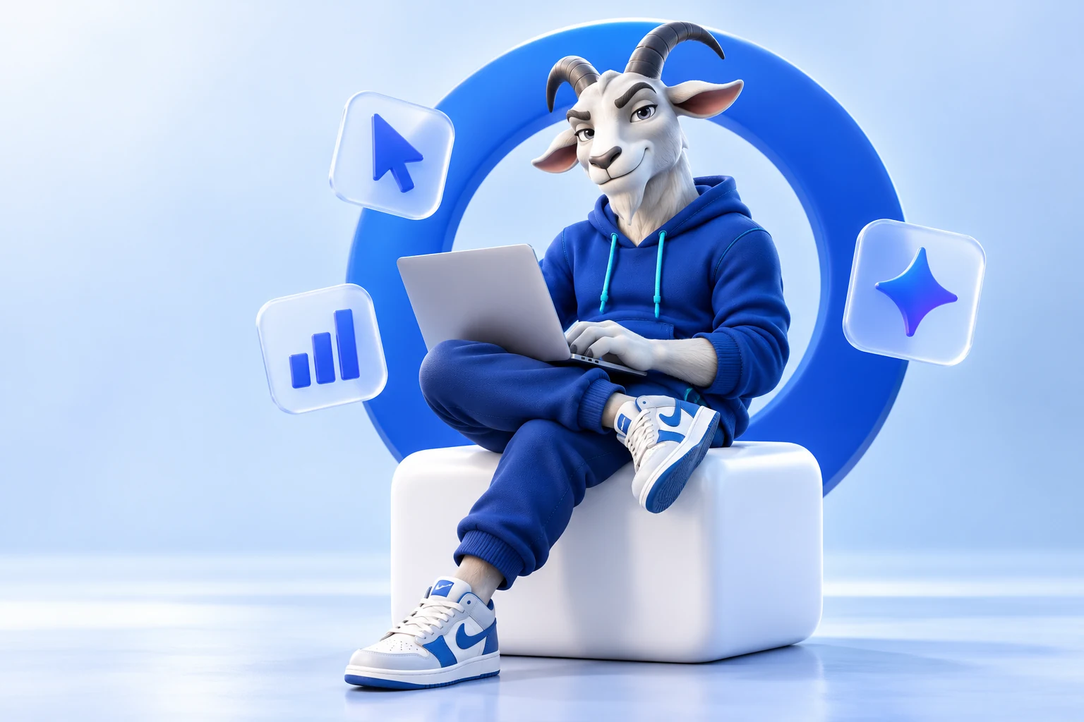Goat Guild’s goat mascot in a blue hoodie, ready to learn with a laptop